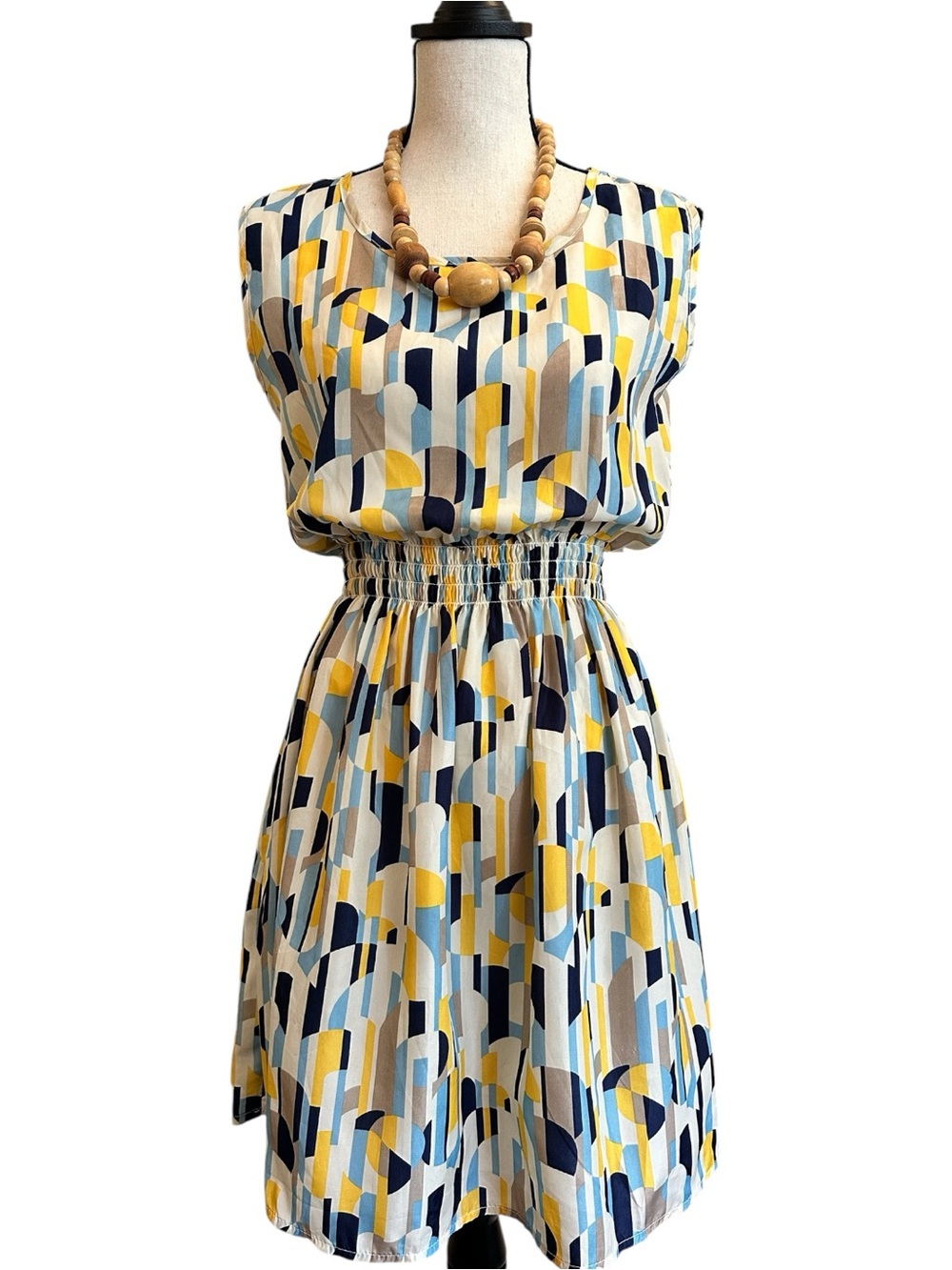 LIVA GIRL Geometric Print Smocked Waist Dress Blue Yellow Retro Mini Fit & Flare